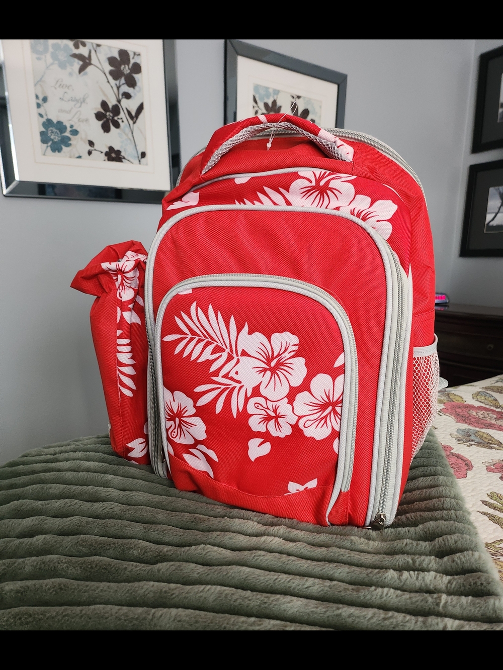 Picnic Red Floral Backpack with White Hibiscus Print